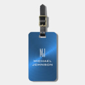 Elegant blauw geborsteld metallisch monogrammatisc bagagelabel (Voorkant verticaal)