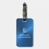Elegant blauw geborsteld metallisch monogrammatisc bagagelabel (Achterkant verticaal)