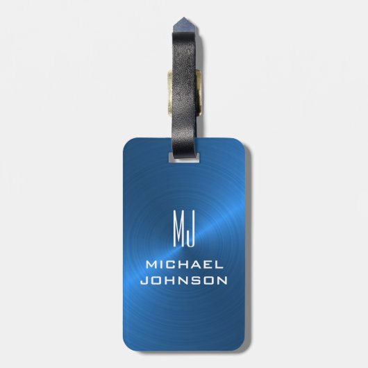 Elegant blauw geborsteld metallisch monogrammatisc bagagelabel (Achterkant verticaal)