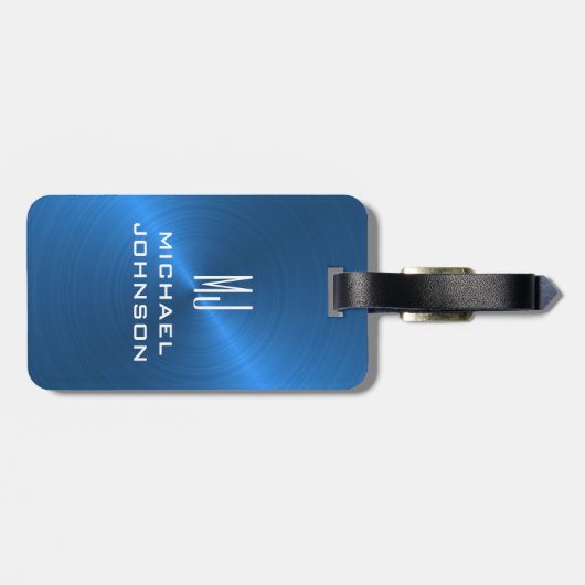 Elegant blauw geborsteld metallisch monogrammatisc bagagelabel (Achterkant horizontaal)