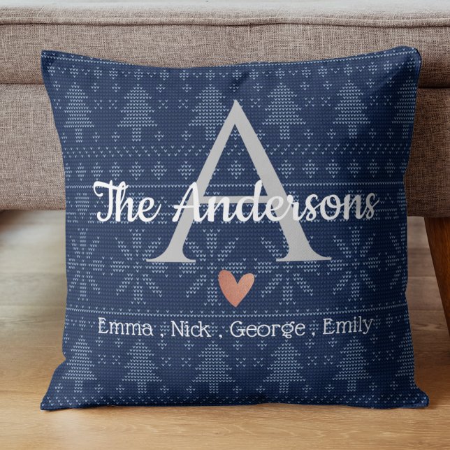 Elegant Blauw gebreid patroon familienaam Monogram Kussen (Elegant Blue Knit Pattern Family Name Monogram Throw Pillow)