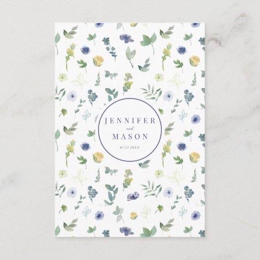 Elegant blauw geel bloem bruiloft details kaarten (Achterkant)