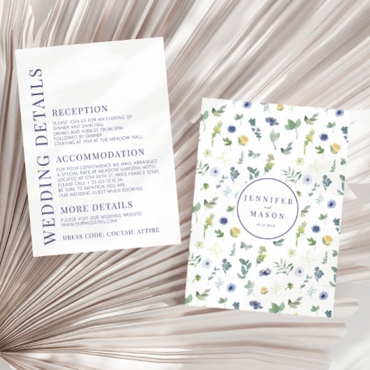 Elegant blauw geel bloem bruiloft details kaarten