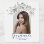 Elegant Blauw Geel Bloemen Afstudeerfeest Wijn Etiket (Enkel label)