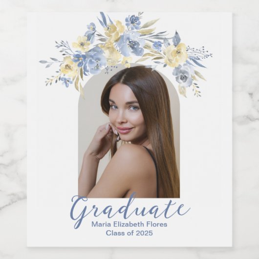 Elegant Blauw Geel Bloemen Afstudeerfeest Wijn Etiket (Enkel label)
