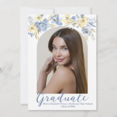 Elegant Blauw Geel Bloemen Afstuderen Foto Aankondiging (Voorkant)