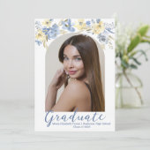 Elegant Blauw Geel Bloemen Afstuderen Foto Aankondiging (Staand voorkant)