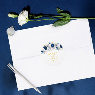 Elegant Blauw & Geel Bloemen Bruiloft Ronde Sticker