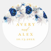 Elegant Blauw & Geel Bloemen Bruiloft Ronde Sticker (Voorkant)