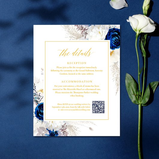 Elegant Blauw & Geel Bloemen Details RSVP QR Code Informatiekaartje
