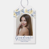Elegant Blauw Geel Bloemen Foto Afstudeerfeest Cadeaulabel (Voorkant)
