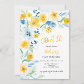 Elegant blauw geel bloemige waterverf Sweet 16 Kaart (Voorkant)