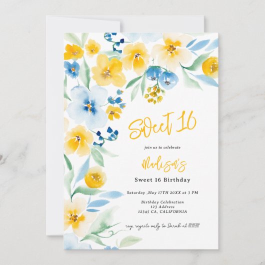 Elegant blauw geel bloemige waterverf Sweet 16 Kaart (Voorkant)