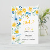 Elegant blauw geel bloemige waterverf Sweet 16 Kaart (Staand voorkant)