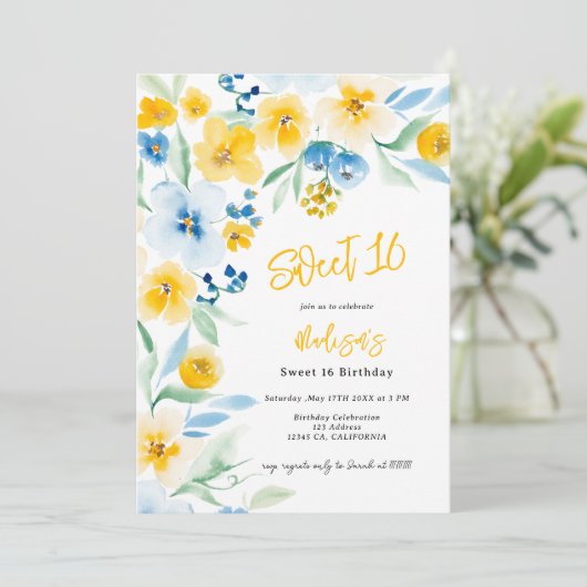 Elegant blauw geel bloemige waterverf Sweet 16 Kaart (Staand voorkant)