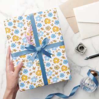 Elegant Blauw Geel Landelijk Rustiek Ditsy Bloemmo Cadeaupapier