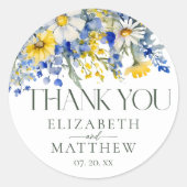 Elegant Blauw Geel Wildbloemen Bruiloft Dank u Ronde Sticker (Voorkant)