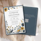 Elegant Blauw Geel Wildbloemen Bruiloft Kaart