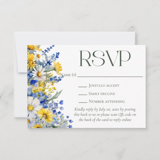 Elegant Blauw Geel Wildbloemen QR Code Bruiloft RSVP Kaartje (Voorkant)