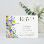 Elegant Blauw Geel Wildbloemen QR Code Bruiloft RSVP Kaartje (Staand voorkant)