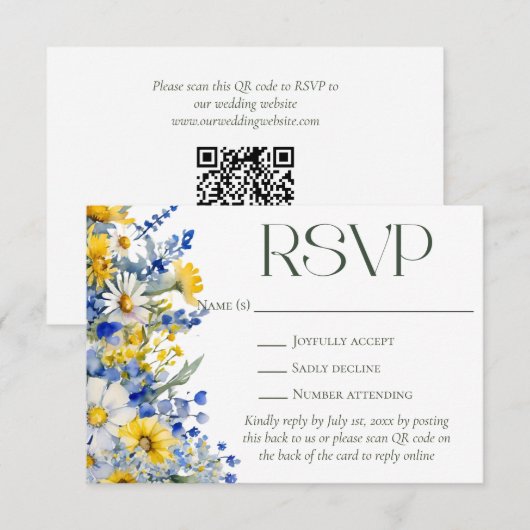 Elegant Blauw Geel Wildbloemen QR Code Bruiloft RSVP Kaartje (Voorkant / Achterkant)