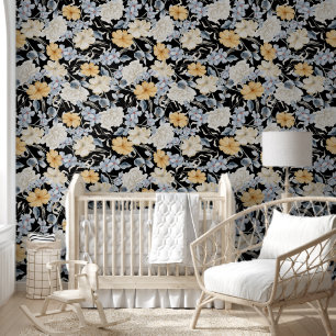 Elegant Blauw Geel/Wit Bloemen Patroon op Zwart Behang