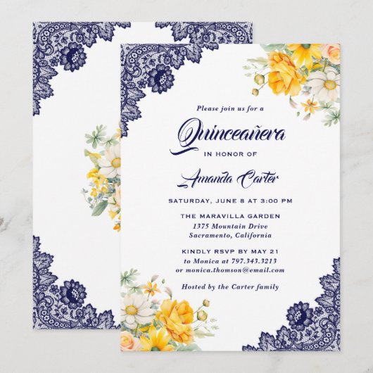 Elegant Blauw Geel Wit Bloemen Quinceañera Kaart (Voorkant / Achterkant)
