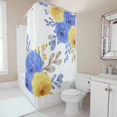 Elegant Blauw Geel & Wit Bloemen Waterverf Douchegordijn (In situ)