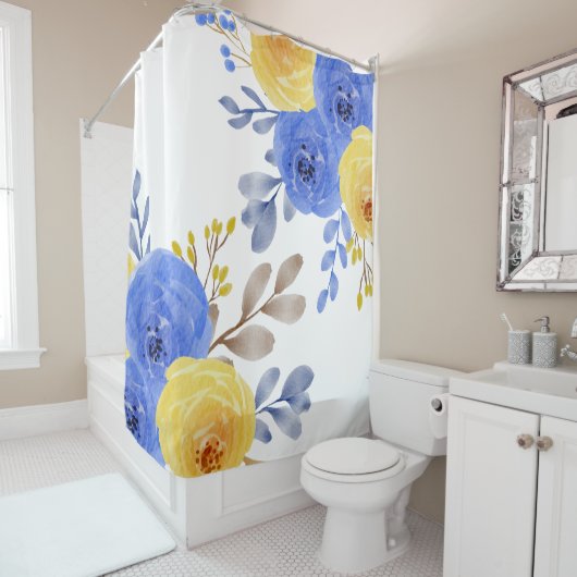 Elegant Blauw Geel & Wit Bloemen Waterverf Douchegordijn (In situ)