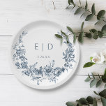Elegant Blauw Gegraveerd Bloemkrans w/Monogram Papieren Bordje<br><div class="desc">Klassiek en elegant ontwerp met  geïnspireerde gegraveerde blauwe bloemenkrans rond het monogram en de trouwdatum van de bruid en bruidegom.</div>