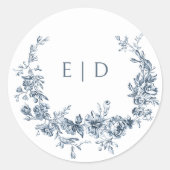 Elegant Blauw Gegraveerd Bloemkrans w/Monogram Ronde Sticker (Voorkant)