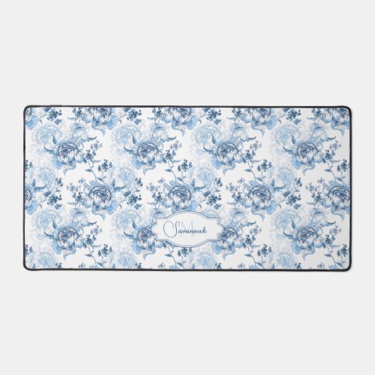 Elegant blauw gegraveerd bloemnaam/monogram bureaumat (Voorkant)