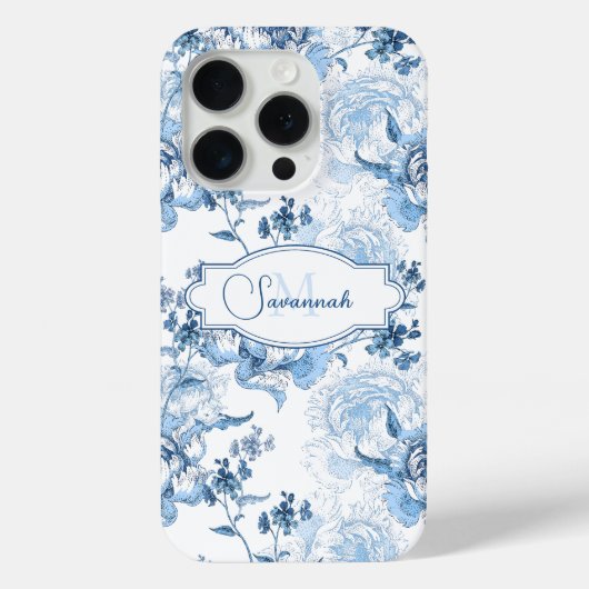 Elegant blauw gegraveerd bloemnaam/monogram Case-Mate iPhone case (Achterkant)
