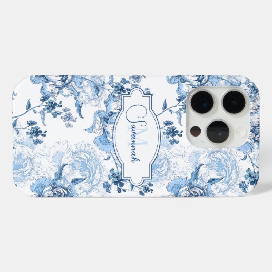 Elegant blauw gegraveerd bloemnaam/monogram Case-Mate iPhone case (Achterkant (horizontaal))