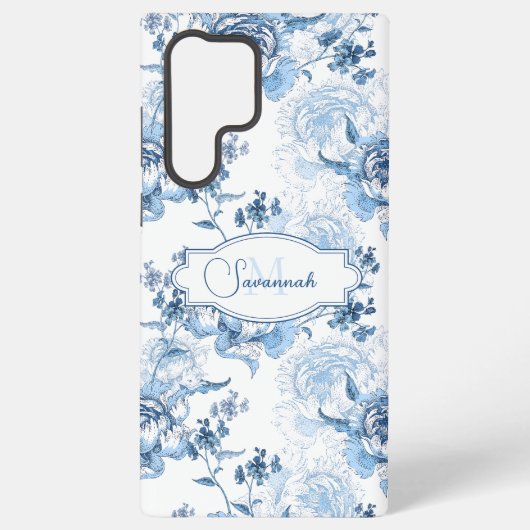 Elegant blauw gegraveerd bloemnaam/monogram samsung galaxy hoesje (Achterkant)