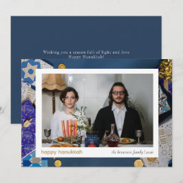 Elegant Blauw Gelukkig Chanoeka Familie 1 Foto Feestdagenkaart