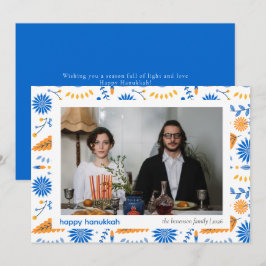 Elegant Blauw Gelukkig Chanoeka Familie 1 Foto Feestdagenkaart