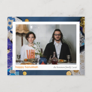Elegant Blauw Gelukkig Chanoeka Familie 1 Foto Feestdagenkaart