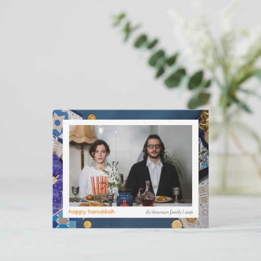 Elegant Blauw Gelukkig Chanoeka Familie 1 Foto Feestdagenkaart (Staand voorkant)