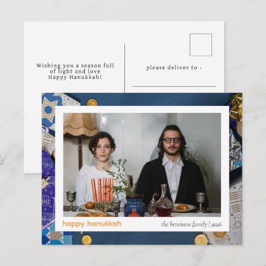 Elegant Blauw Gelukkig Chanoeka Familie 1 Foto Feestdagenkaart (Voorkant / Achterkant)