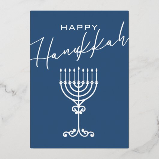 Elegant Blauw Gelukkig Chanoeka Menorah Zilver Folie Feestdagenkaart (Voorkant)