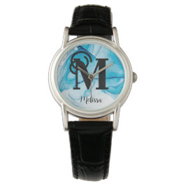 Elegant blauw gemarmerd monogram naam horloge
