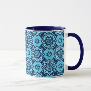 Elegant blauw geometrisch bloemenpatroon mok