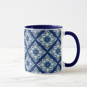 Elegant blauw geometrisch bloemenpatroon mok