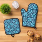 Elegant blauw geometrisch bloemenpatroon ovenwant & pannenlap set (Top down)