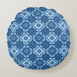 Elegant blauw geometrisch bloemenpatroon rond kussen