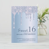 Elegant blauw glitter druppelt zestien zoete kaart (Staand voorkant)