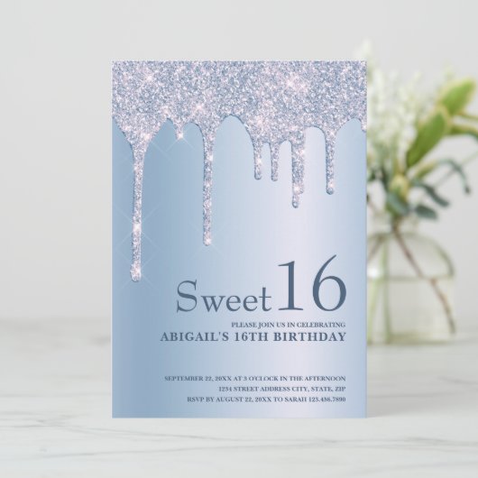 Elegant blauw glitter druppelt zestien zoete kaart (Staand voorkant)