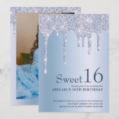 Elegant blauw glitter druppelt zestien zoete kaart (Voorkant / Achterkant)