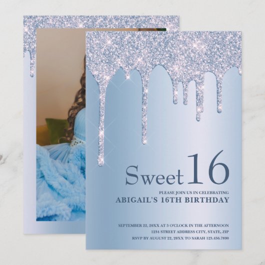 Elegant blauw glitter druppelt zestien zoete kaart (Voorkant / Achterkant)